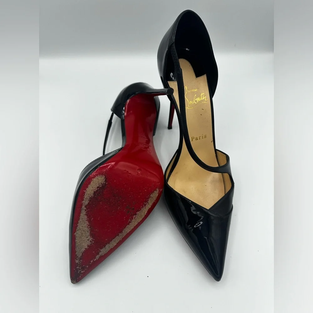 Christian Louboutin Black Patent Leather T-Strap Pointed Toe Pumps